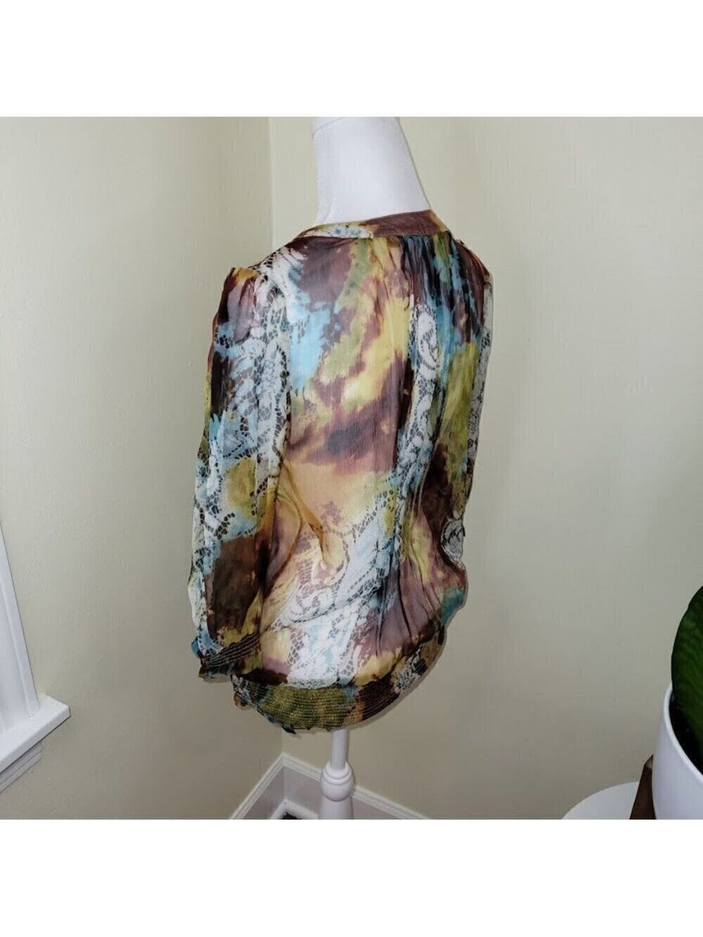 Everest Apparel 100% Silk Blouse Sheer Multicolored Elastic Waist Top Women SZ S - Picture 5 of 14